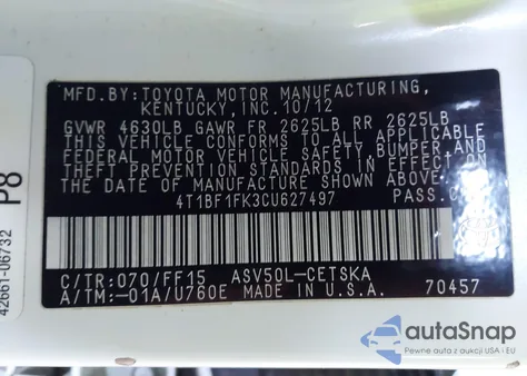 2012 Toyota Camry Se Limited Edition z USA, uszkodzony, nr VIN 4T1BF1FK3CU627497